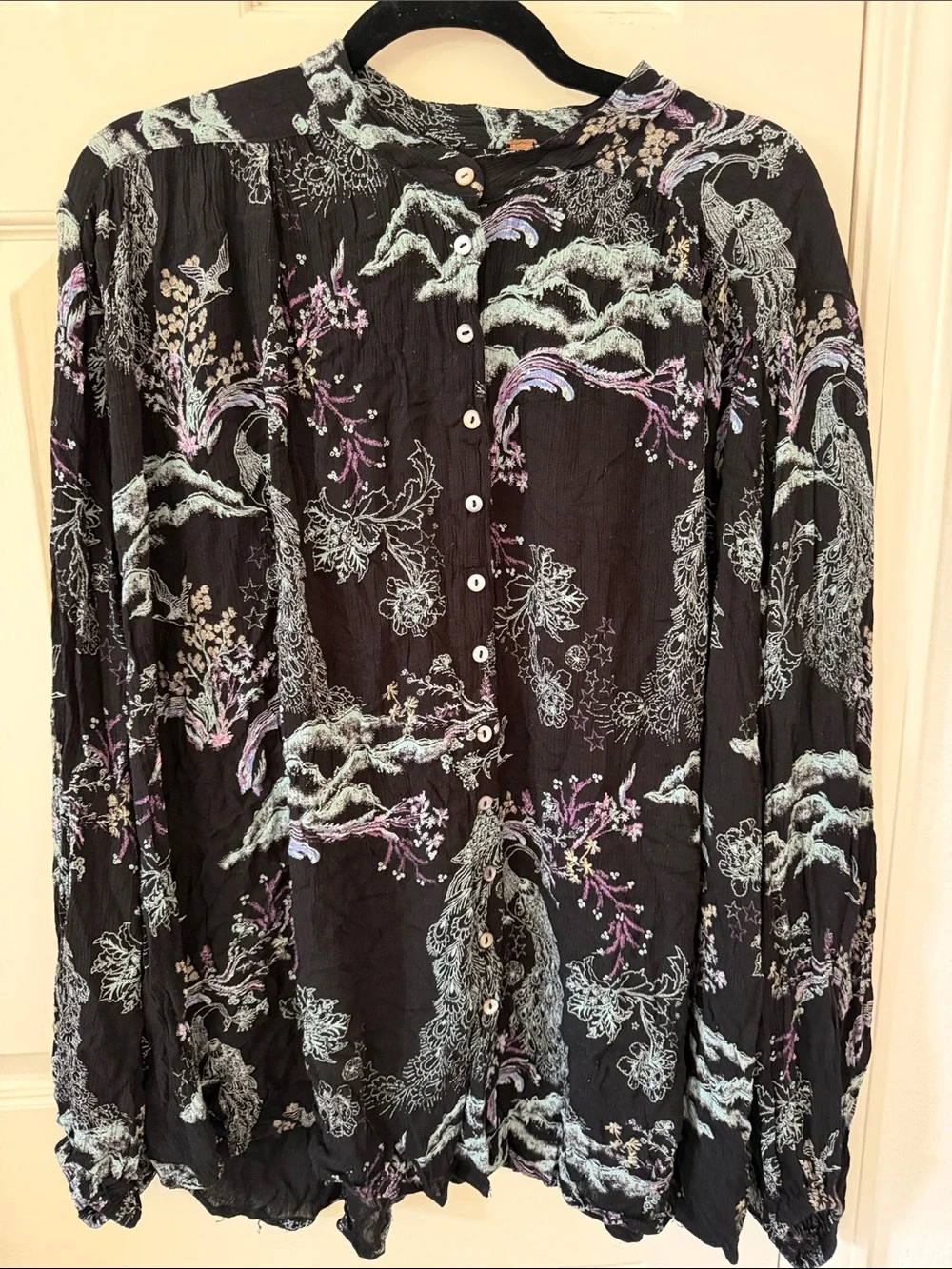 Free People Oversized Black Button-Front Shirt with Pastel Floral & Wave Accents